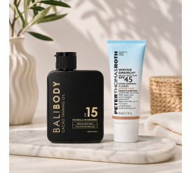 Bronze Glow Set - Bali Body Cacao Tanning Oil SPF15 + PTR Water Drench Broad Spectrum SPF 45 Hyaluronic Cloud Sheer Tint Moisturizer 50ml