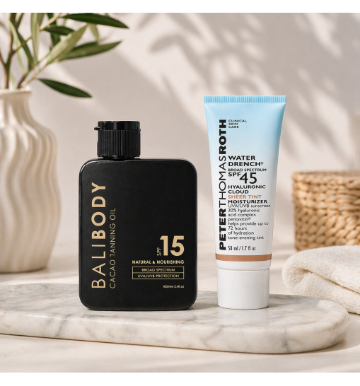 Bronze Glow Set - Bali Body Cacao Tanning Oil SPF15 + PTR Water Drench Broad Spectrum SPF 45 Hyaluronic Cloud Sheer Tint Moisturizer 50ml