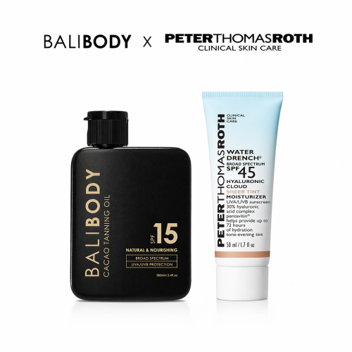 Bronze Glow Set - Bali Body Cacao Tanning Oil SPF15 + PTR Water Drench Broad Spectrum SPF 45 Hyaluronic Cloud Sheer Tint Moisturizer 50ml