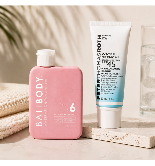 Soft Tan Set - Bali Body Watermelon Tanning Oil SPF6 + PTR Water Drench Broad Spectrum SPF 45 Hyaluronic Cloud Moisturizer 50ml