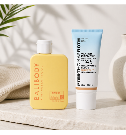 Travel Glow Set - Pineapple Tanning Oil SPF15 + PTR Water Drench Broad Spectrum SPF 45 Hyaluronic Cloud Sheer Tint Moisturizer 20ml