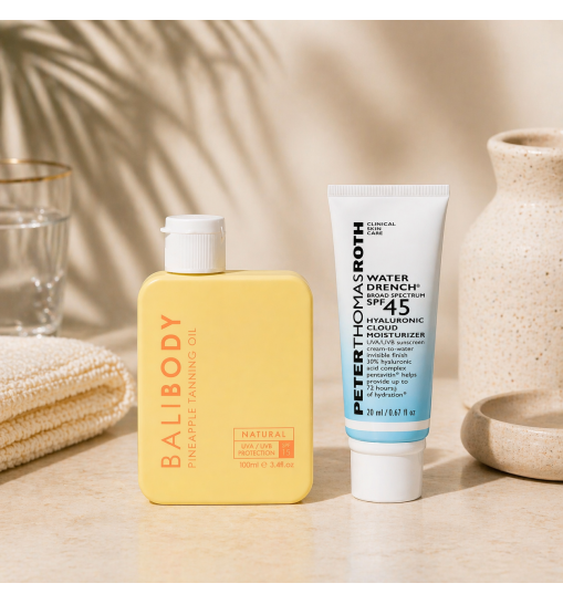 Tropical Glow Set - Bali Body Pineapple Tanning Oil SPF15 + PTR Water Drench Broad Spectrum SPF 45 Hyaluronic Cloud Moisturizer 20ml